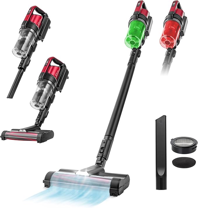 IRIS USA Cordless Stick Vacuum Cleaner Lightweight &amp Rechargeable 230W Suction 50-Min Runtime LED Dust Sensor Fast Charging Non-Slip Lean Support for Carpet Tile Hard Floors – Black