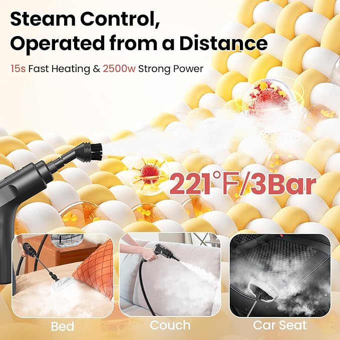Handheld Steam Cleaner for Home 2500W High Pressure Steam Cleaner for Car Detailing 3 Steam Levels 1600Ml Tank High Heat Steamer for Bed Bugs Couch Furniture Kitchen Bathroom Floors