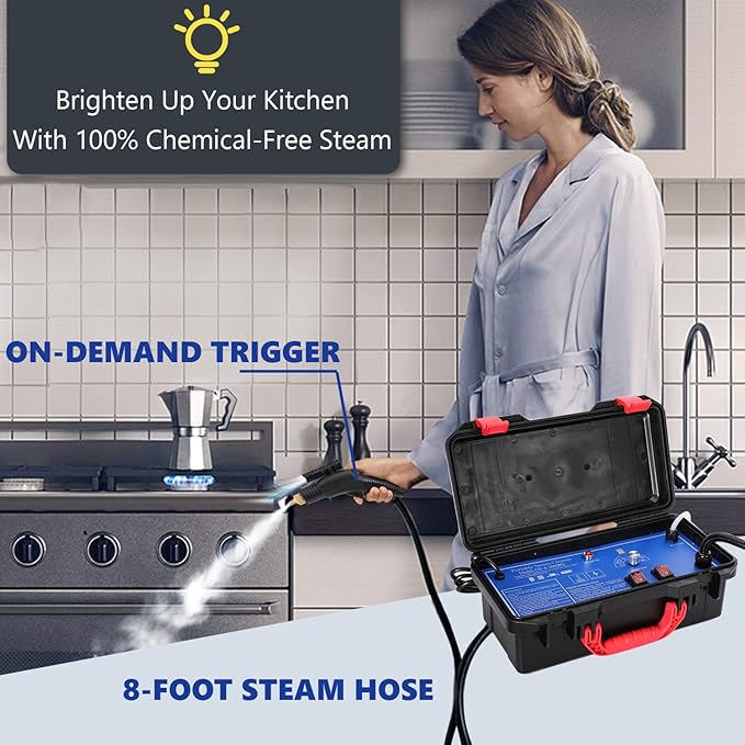 Moongiantgo High Pressure Steam Cleaner 1700W Power High Temp Portable Handheld Cleaning Machine for Car Detailing Tankless Heavy Duty for Home Use Kitchen Bathroom Grout Tile