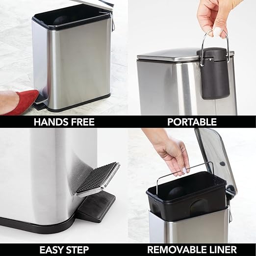 mDesign Slim Metal Rectangle 1.3 Gallon/5 Liter Trash Can with Step Pedal Easy-Close Lid Removable Liner - Narrow Wastebasket Garbage Container Bin for Bathroom Bedroom - Brushed Stainless Steel