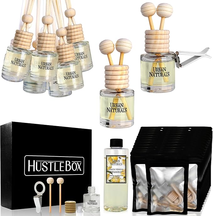 Lemon Verbena Hanging Car Air Freshener and Essential Oil Diffusers with Vent Clips - 25-Pack Automobile Aromatherapy Diffuser Bottles - Kit Ideal for Resale Gifts &amp Party Favors