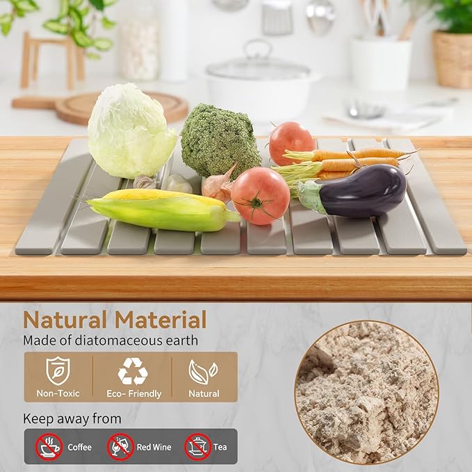 Stone Dish Drying Mats for Kitchen Counter-23.6''x15.3'' Foldable Quick Dry Stone Mat KitchenEco-FriendlyAbsorbent Diatomaceous Earth Mats for Dishes Bottles Cups Bathroom Any Countertop-Light Gray