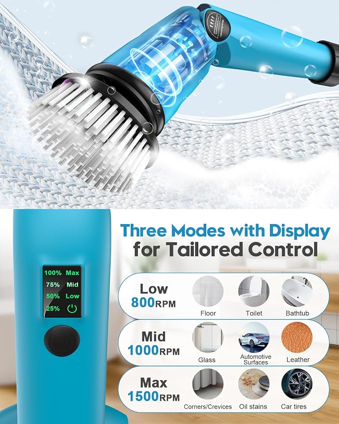Updated 1500 RPM Battery Electric Spin Scrubber with Handle 8 Replaceable Shower Scrubber &amp 2 Battery Powered Cleaning Brush with Display 3 Speed &amp Adjustable Handle Cordless Power Scrubber f
