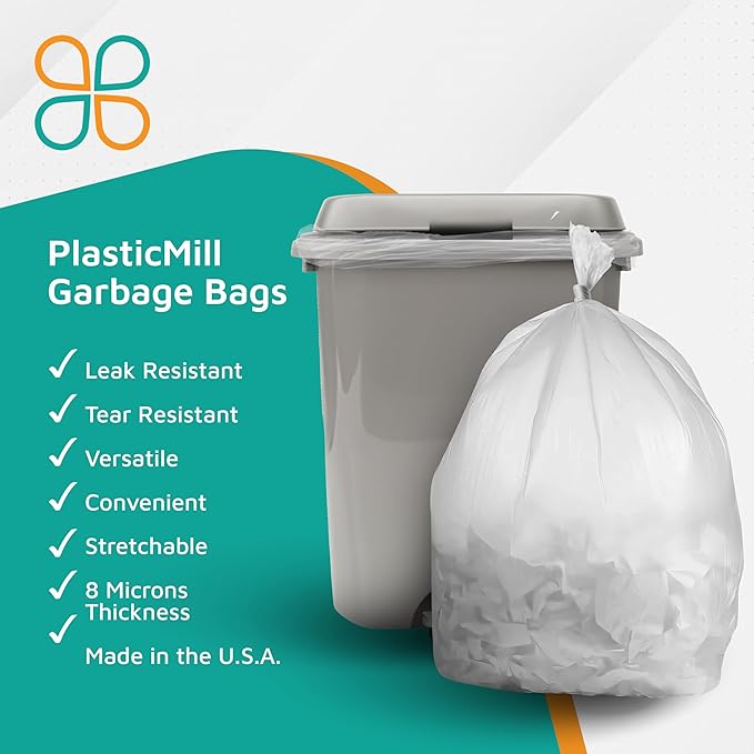 PlasticMill Heavy Duty Trash Bags - Clear Garbage Bags - Plastic Trash Bags - Kitchen Bathroom Office Garbage Bags Trash Can Liners - 20-30 Gallon 8 Microns 30x37 (500-Count)