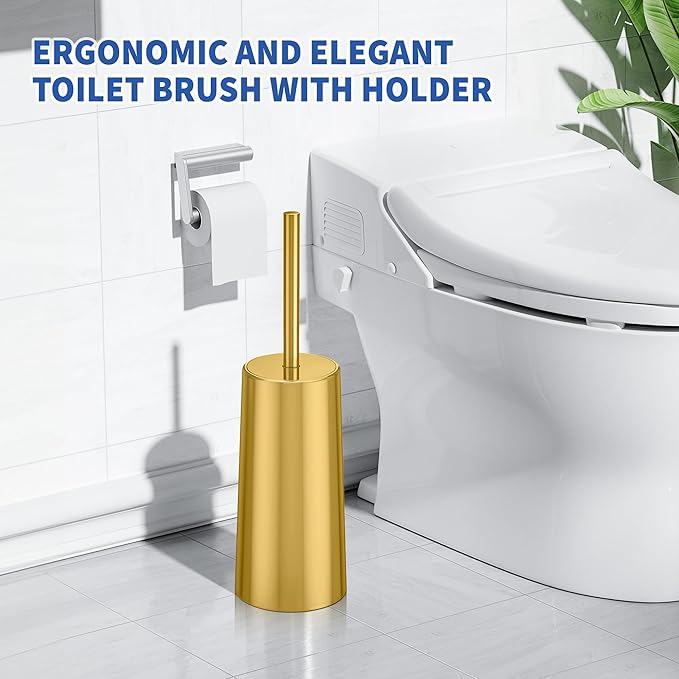 Toilet Brush and Holder 2 Pack Toilet Brush Stainless Steel Toilet Bowl Brush for Bathroom Toilet-Ergonomic ElegantDurable (Gold)