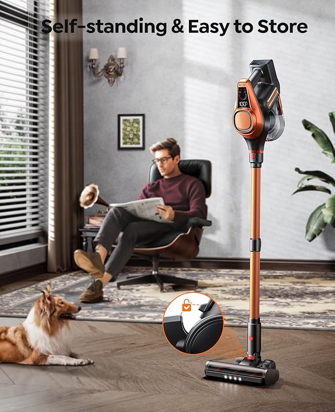 Fieety Cordless Vacuum Cleaner 550W 45KPA 60Mins Powerful Vacuum Cleaners for Home 1.6L Dust Cup LED Display Anti-Tangle Self-Standing Stick Vacuum for Carpet/Hardwood Floor/Pet Hair/Car