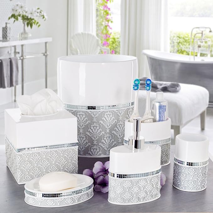 Creative Scents Mirror Damask White and Gray Bathroom Accessories Set - 6 Piece Bathroom Accessory Set Includes: Trash Can Tissue Box Cover Soap Dispenser Soap Dish Toothbrush Holder &amp Tumbler