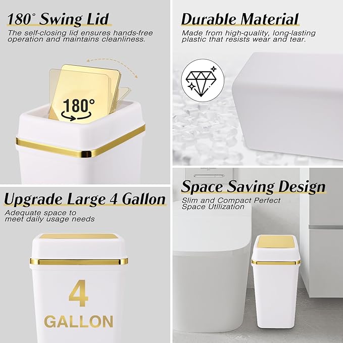 3 Pack Bathroom Trash Can with Lid 4 Gallon Small Trash Can with Swing Lid White and Gold Bathroom Garbage Can with 225 Counts Trash Bags for Kitchen Bedroom Office