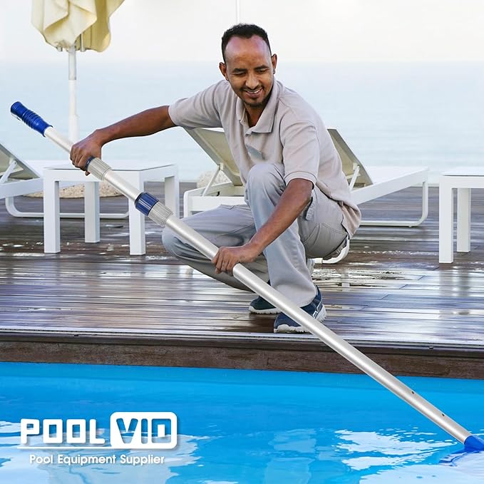 Poolvio 12 FT Telescopic Swimming Pool Pole - Adjustable 2 Piece Aluminum Pool Pole for Pool Cleaning Skimmer Nets Vacuum Heads &amp Brushes Strong Grip &amp Lock