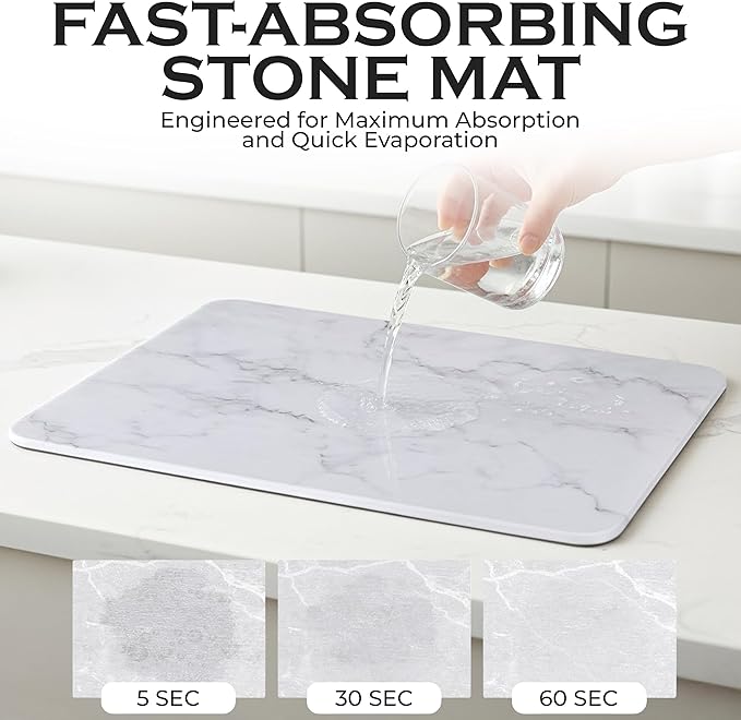 J.B Large Stone Drying Mat for Kitchen Counter - Quick Dry Stone Mat with Sink Caddy Ultra Absorbent Dish Drying Stone for Kitchen Counter and Bathrooms 16 x 12 Inch (Light Gray/White Marble Finish)