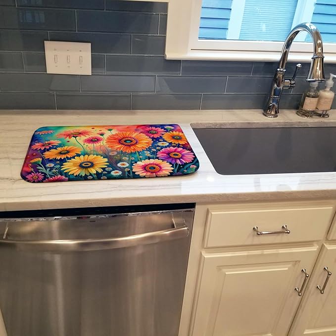 Caroline's Treasures DAC1436DDM Gerbera Daisies in Color Dish Drying Mat Absorbent Dish Drying Mat Pad for Kitchen Counter Dish Drainer Mat for Countertop 14 x 21 Multicolor