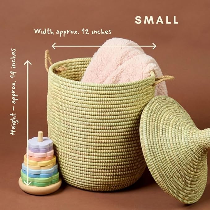 Basket with Lid Handwoven African Basket 12 Inch Wide 14 Inch Tall Natural Beige