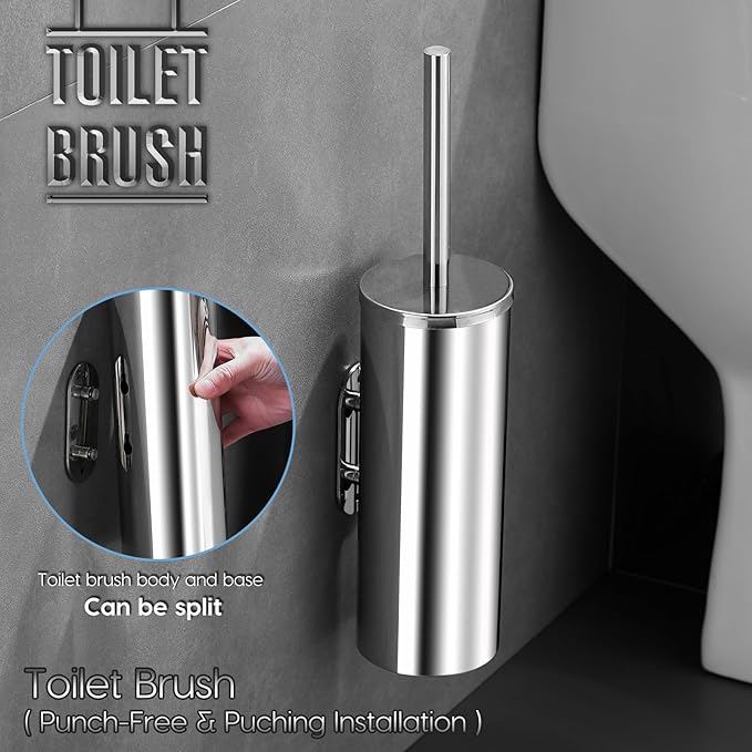 Toilet Brush and Brush Holder Stainless Steel No-Punch Hook Base Dual Purpose Toilet Brush Holder with Removable Inner Bucket and Splash Cover - Soft Bristles (Chrome)