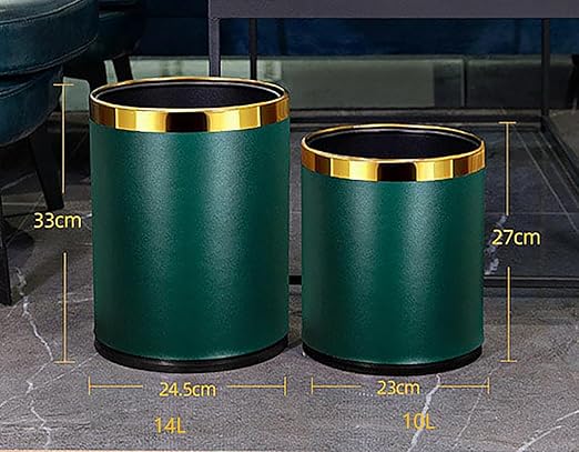 Elegant Leather Trash Can Decorative Metal Wastebasket with Removable Stainless Steel Ring - Open Top Garbage Bin for Office Bedroom Hotel (Morandi Green 10L)