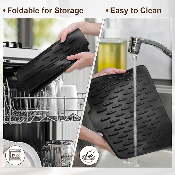 Dish Drainer Mat Silicone Drying Mat for Kitchen Counter Fast Drying Matt for Dishes Heat Resistant Non-Slip 15.75x12.6 Inch Black