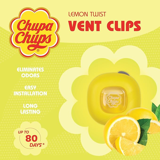 Chupa Chups Car Air Freshener Lemon Twist - Long Lasting Car Fresheners with Fun Scents Colorful and Vibrant Air Freshener for Car Unique Car Freshner Perfume Deodorizer- 4Pack (8pcs Total)