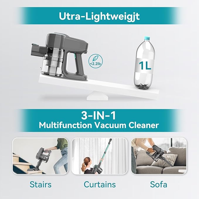 DEVOAC N300 Cordless Vacuum Cleaner 6 in 1 Lightweight Stick Vacuum 2200mAh Battery Up to 40mins Runtime Powerful Handheld Vacuum for Hard Floor Rug Pet Hair Home Dorm (Waterfall)