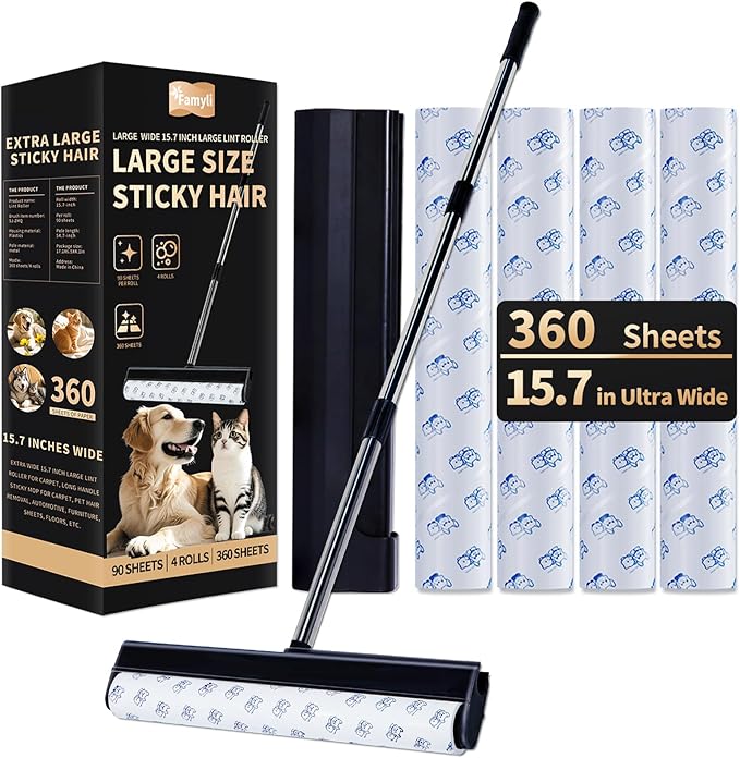 Large Lint Rollers for Carpet 15.74 in Extra Sticky Rollers for Floor with 4 Extendable Handle Long Handle Sticky Mop for Cleaning Carpet Car ClothesDog and Cat Pet Hair Remover with 360 Sheets