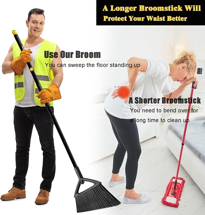 Heavy Duty Commercial Broom 3 Pack Upgraded Angle Brooms for Sweeping Outdoor and Indoor Perfect Black Brooms of House Kitchen Garage Courtyard Concrete