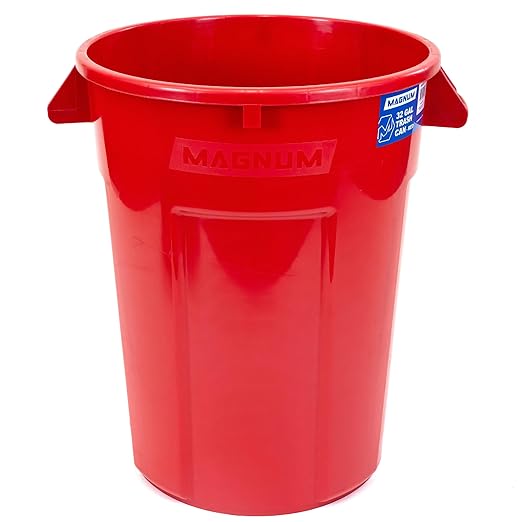 Magnum 32 Gallon Trash Can High-Vis Red Construction Grade Heavy Duty Plastic Jobsite Ready for Handling and Holding Garbage CMTC-C000-32R01 (1 Pack)