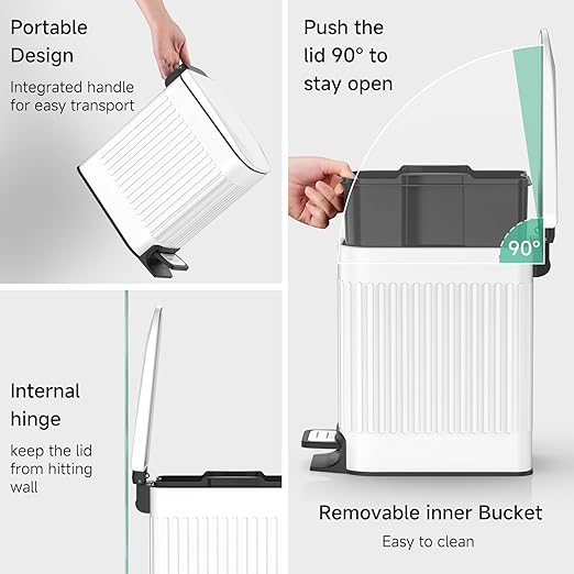 TIPGO Slim Bathroom Trash Can with Lid Soft Close Step Pedal 6 Liter / 1.6 Gallon Stainless Steel Trash Bin Small Garbage Cans for Bedroom Office Kitchen (White)