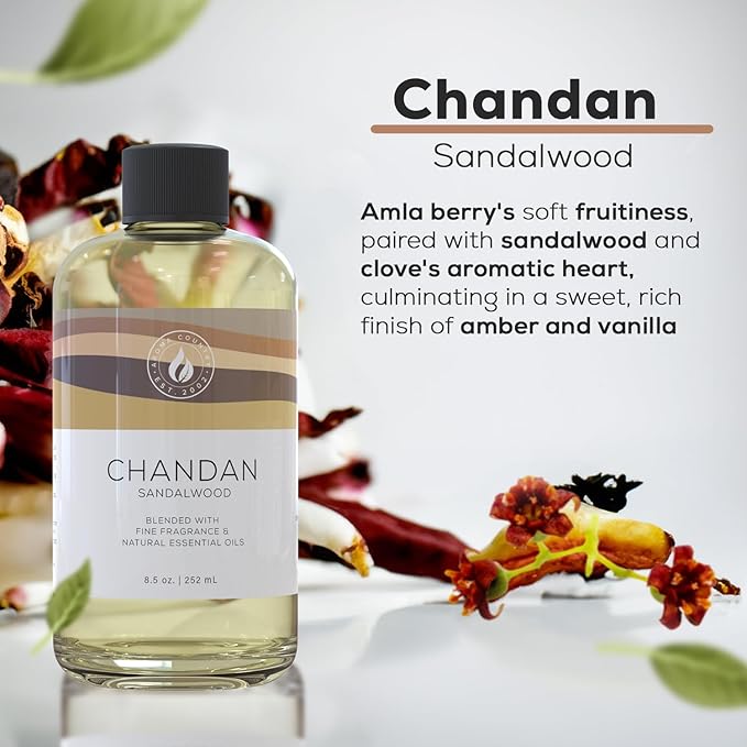 Aroma Country Chandan Diffuser Oil - Luxury Essential Oils for Diffuser Refill &amp Air Freshener Room Spray - Long-Lasting &amp Natural Home Fragrance Sandalwood Scented Oil for Diffusers (8.5 Fl.