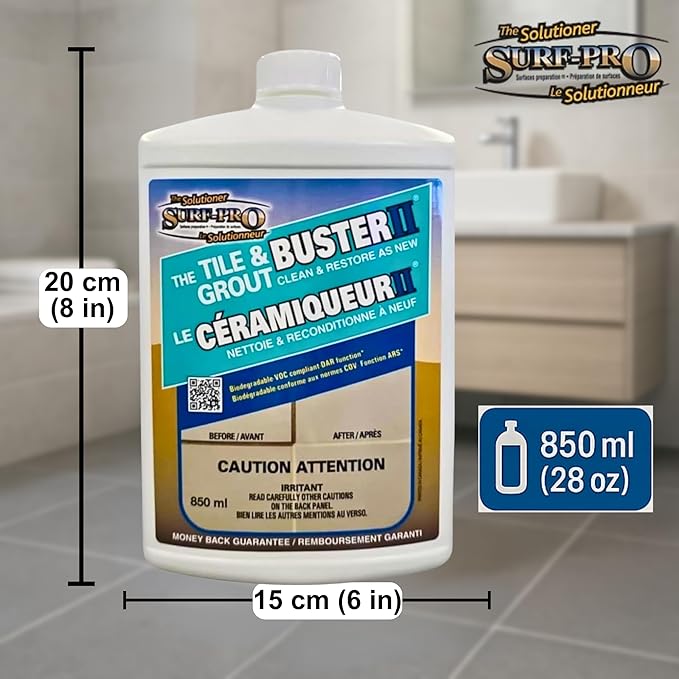 Tile and Grout Buster Cleaner 850 ml (28 oz) – Heavy-Duty Tile &amp Grout Stain Remover for Bathroom Kitchen Shower &amp Floors – For Ceramic Porcelain Stone &amp More – Made in Canada