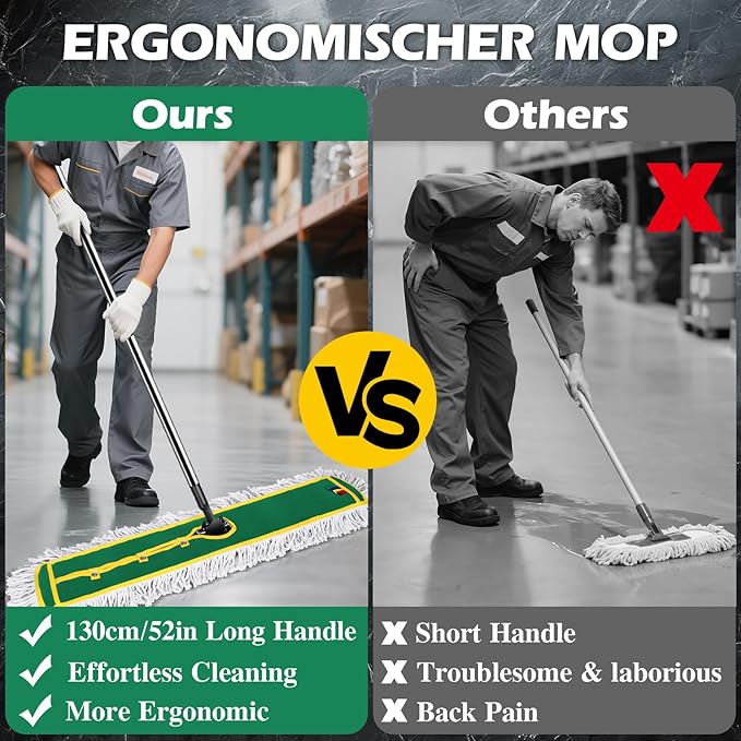 42 Commercial Dust Mop for Floor Cleaning MASTERTOP Large Flat Mop with Long Handle Sweeping Broom with 2 Different Mops Pads Industrial Mop for Hardwood Tile Gym Office Mall Warehouse