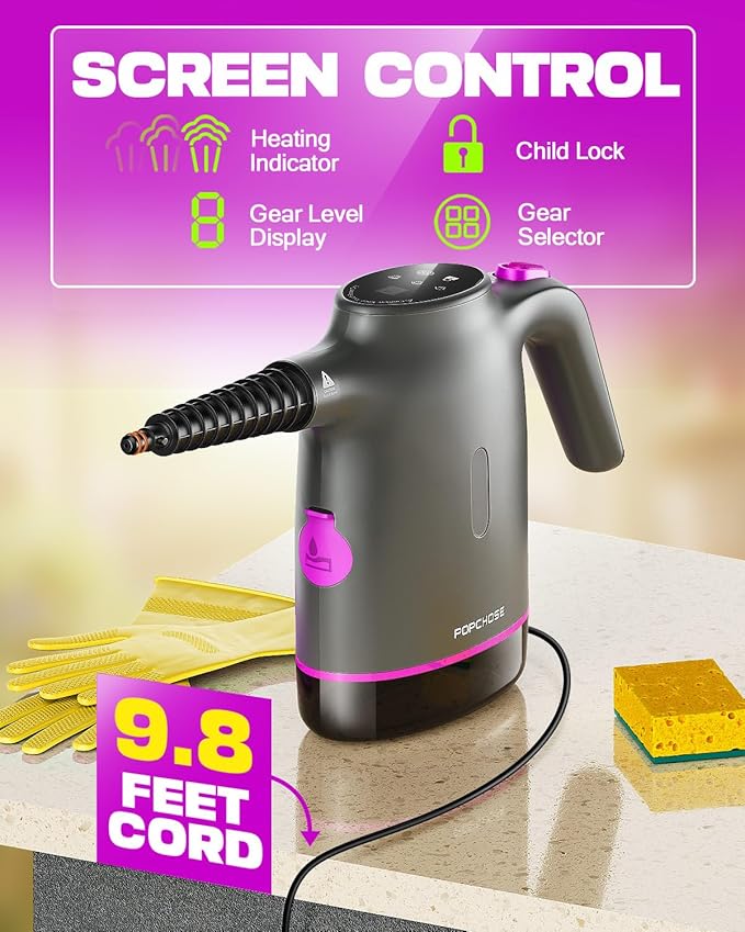 POPCHOSE Handheld Steam Cleaner for Home Portable Pressurized Steamer for Cleaning Grout Surfaces Bathroom Couch 20S Fast Heat Up 12 Accessories Steam Adjustable Safety Lock Graypurple