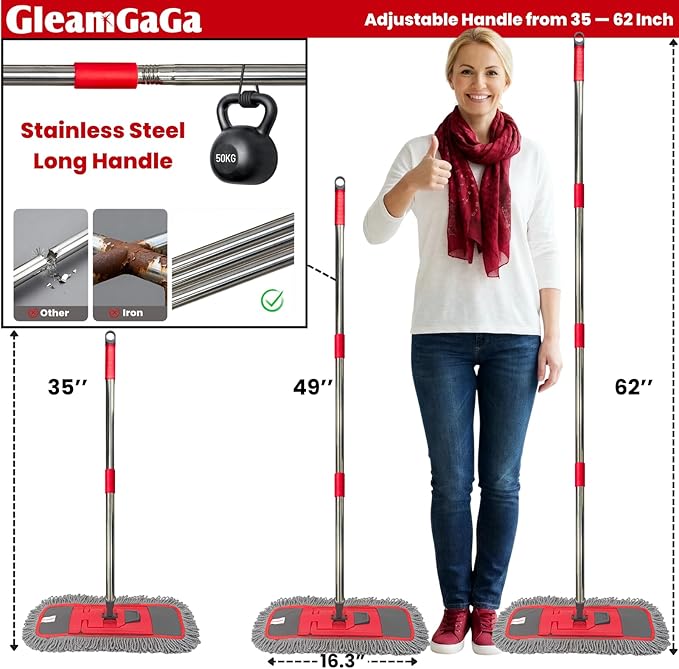 Dust Mop for Floor Cleaning with 4-in-1 Washable Pad System Wet &amp Dry Multi-Purpose Mop with Built-In Scraper and Extra-Long 62'' Stainless Steel Handle for HardwoodVinylLaminateTileMarble Fl
