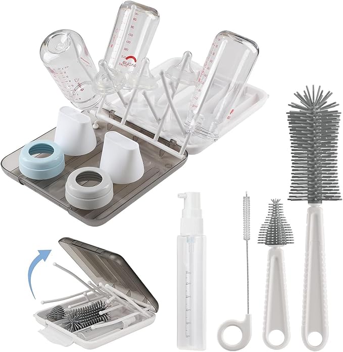 Baby Bottle Brush6 in 1 Bottle Cleaner Brush Kit with Extendable Silicone Bottle Brush Drying Rack Nipple Brush Straw Brush Soap Dispenser &amp Organizer Case Ideal Gifts for Babies &amp Moms