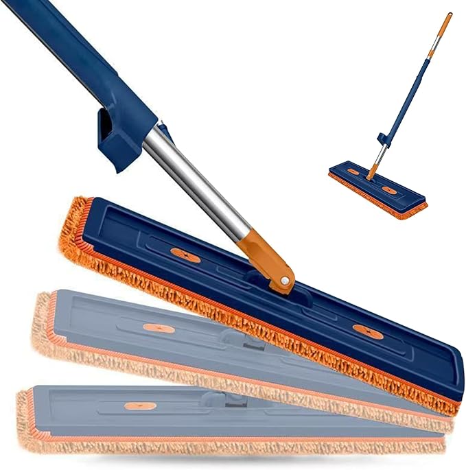 Flat Floor Mop - Long Handle Cleaning Tool with 360 Degree Rotating Head Household Apartment Dorm Hotel Home Mop for Hardwood Tile Laminate Floors Washable Reusable Microfiber Pads 16.5 Inch
