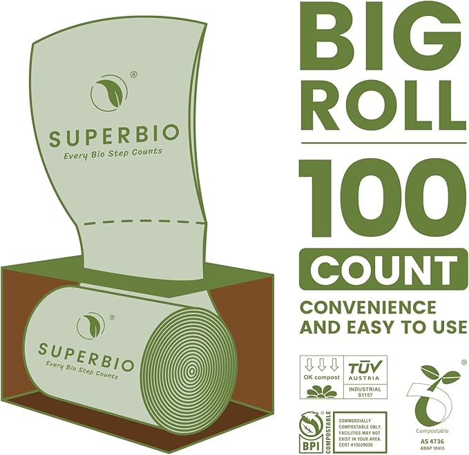 SUPERBIO 13 Gallon Compostable Kitchen Waste Bags 50 Count 1 Pack Flat top Food Scrap bags Certified by BPI and OK compost INDUSTRIAL 49.2L 0.87 Mil