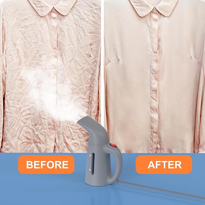 Steamer for Clothes Handheld Garment Steamer Portable Clothes Steamer Remove Wrinkle 180ml Water Tank 12 minutes Continuous Steam 2.3 meter Cord Ideal for ALL Fabrics One button Design (Gray)