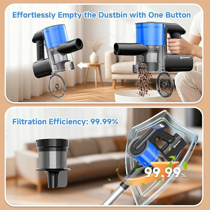 Hearten Cordless Vacuum Cleaner 600W/55Kpa 70Mins Upgraded Stick Vacuum with LED Display Anti-Tangle Self-StandingAnti-TangleLightweightVacuum Cleaner for Home Pet Hair Carpet Hardwood Floor