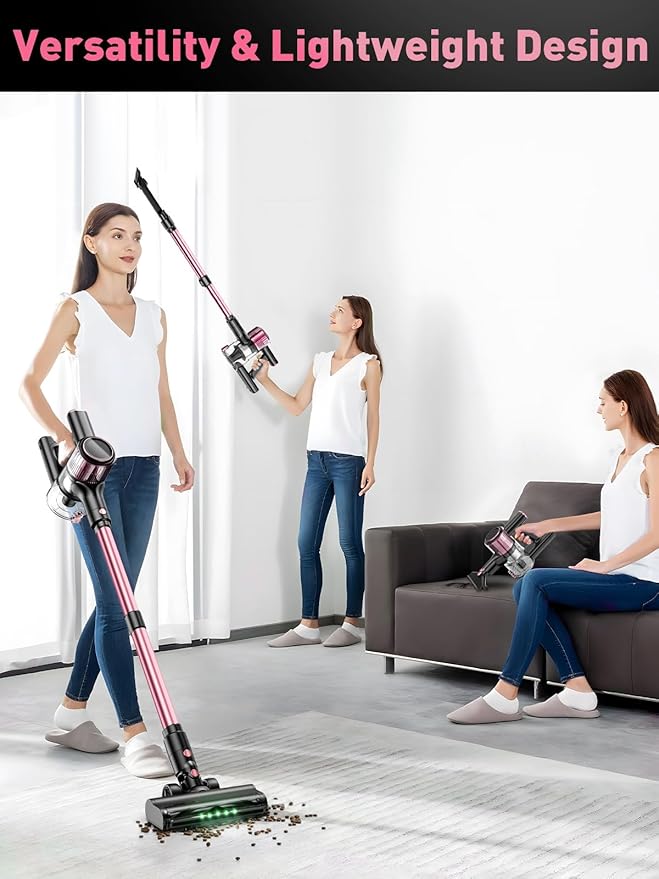 Cordless Vacuum Cleaner40Kpa 8 in 1 Powerful Stick Vacuum with Anti-Tangle Brush and Upgraded Green Light 45mins Runtime Rechargeable Lightweight Vacuums for Hardwood Floor Pet Hair (Pink)