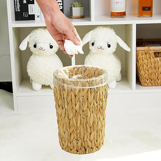 Small Wicker Trash Can Small Bathroom Trash Can Boho Waste Basket for Bedroom Home Office Water Hyacinth Wicker Waste Basket for Bathroom Compact Spaces (Round 2 Gallon)