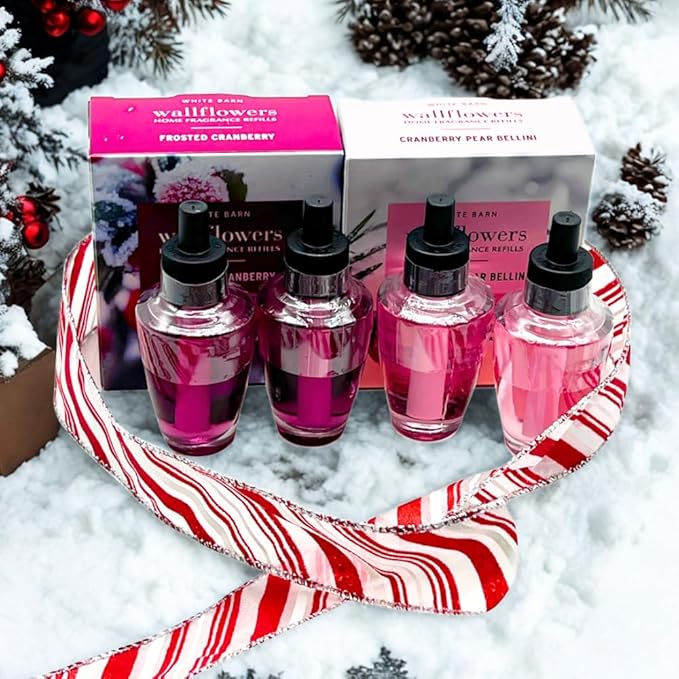 Bath &amp Body Works FROSTED CRANBERRY &amp CRANBERRY PEAR BELLINI Wallflowers Home Fragrance Refill 2pc bundle Gift Set with 30-Inch Red &amp White Candy Cane-Striped Holiday Ribbon Bow – Winter S