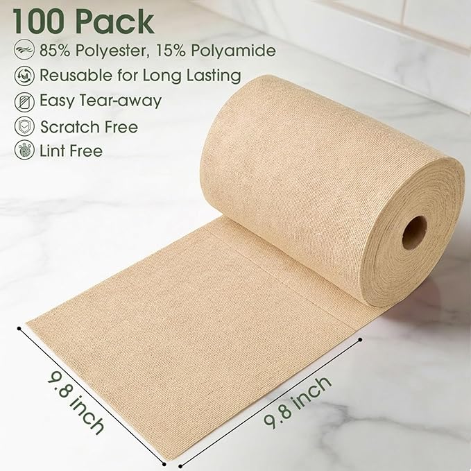 Microfiber Cleaning Cloth Roll - 100 Pack Tear Away Microfiber Paper Towels Reusable Washable Scratch-Free Kitchen Towels for Car Home Kitchen Glass Dishes (Wheat Beige)