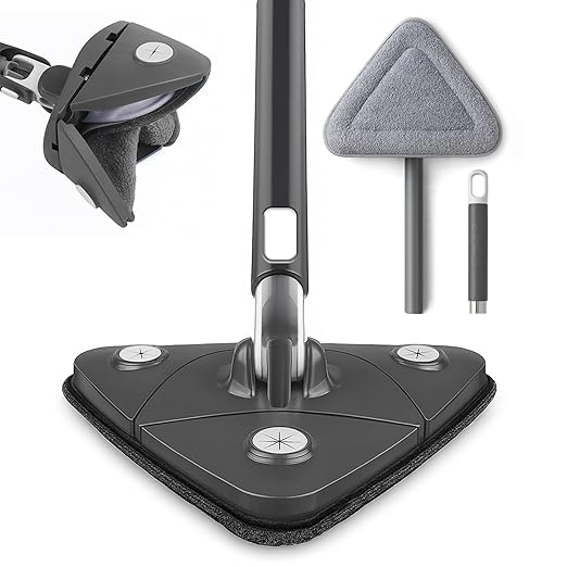 OVENTE Wall Cleaner Mop with 50 Adjustable Handle Squeegee Reusable and Easy to Clean Microfiber Pad 360° Triangular Cleaning Tool Duster for Painted Walls/Baseboard/Window/Floor Grey CTM311GY