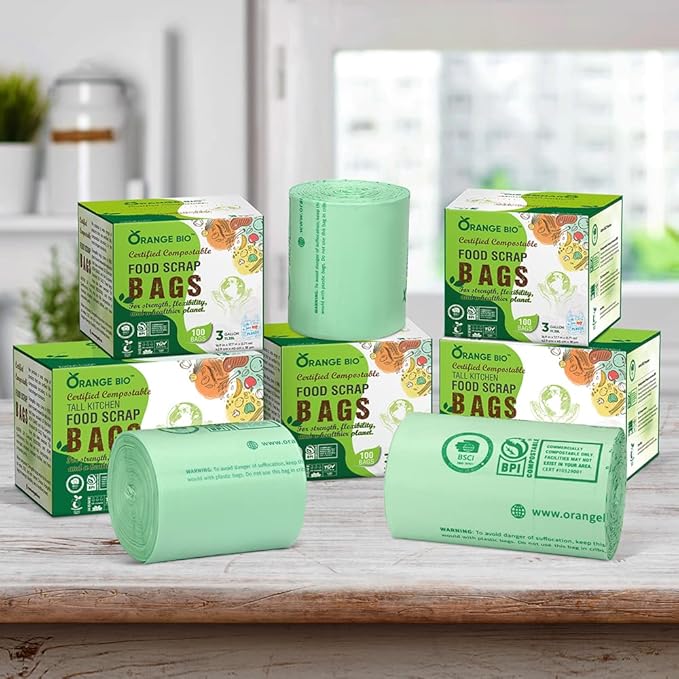 OrangeBio 6-8 Gallon Compostable Trash Bags 100 Count Kitchen Food Waste &amp Compost Bin Liners Plant-Based Garbage Bags BPI ASTM D6400 &amp TÜV OK Compost Home Certified