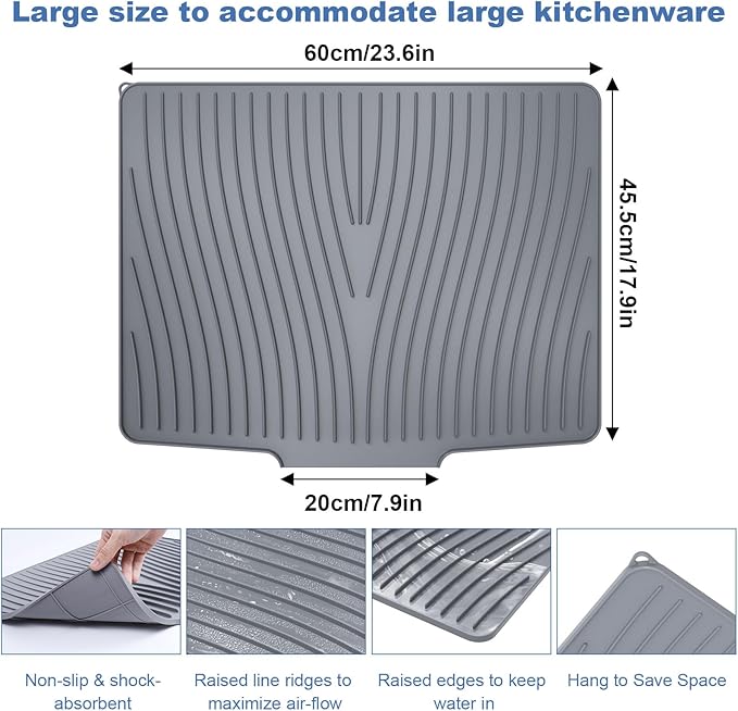 Silicone Dish Drying Mat with Drain Lip 23.6'' x 17.9'' Non-Slip Silicone Dish Drying Mat for Kitchen Counter Heat Resistant Dish Drying Pad Quick Dry Self-draining Dish Drainer Mat Board Grey