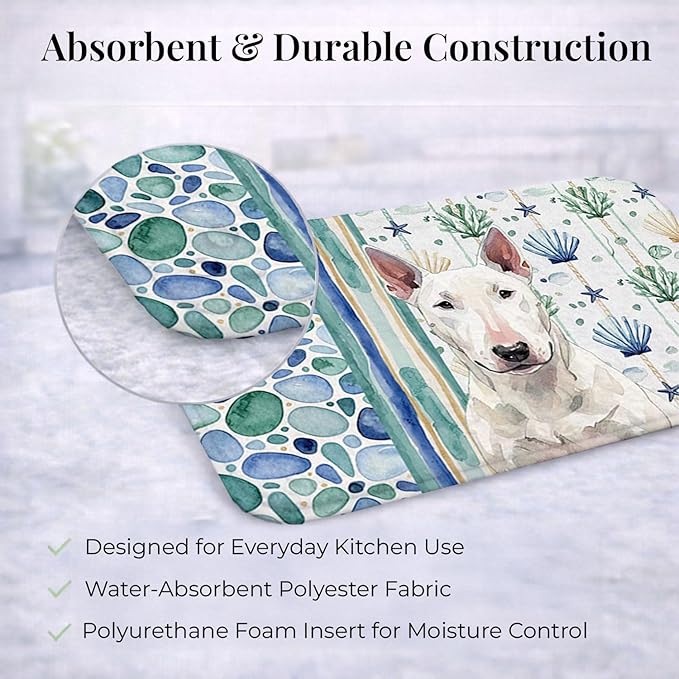 Caroline's Treasures White Bull Terrier Coastal Sea Glass Dish Drying Mat Absorbent Dish Drying Mat Pad for Kitchen Counter Dish Drainer Mat for Countertop 14 x 21 Multicolor