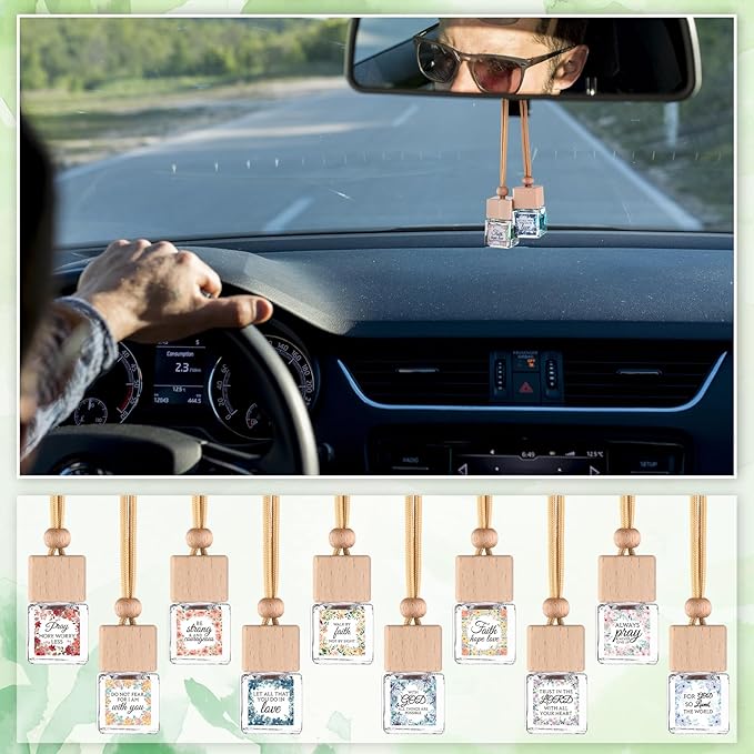 50 Pack Christian Thank You Gift Bulk for Mother Hanging Car Air Freshener Diffuser Empty Essential Oil Glass Car Bottle Employee Team Appreciation Gift for Christian Sunday School(Square)
