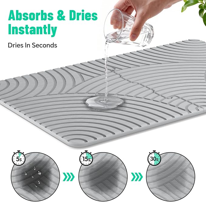 NiHome Large Stone Drying Mat for Kitchen Counter 24x16 Quick Dry Diatomaceous Earth Kitchen Mats - Fast Absorbent Non-Slip Dirt-Resistant Stone Dish Drying Mat for Dishes Bottles Cups Bathroom