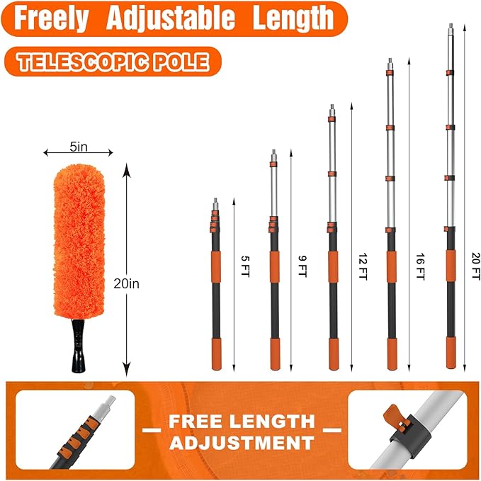 26FT Reach Duster Cleaner Kit Dusters for Cleaning with Extension Pole Baseboard &amp Wall and Window Cleaner Mop for Fan Blades High Ceiling and Cobweb