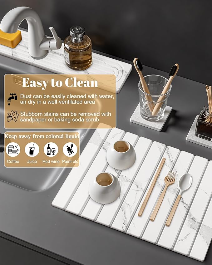 3PCS Set Large Stone Drying Mat for Kitchen Counter Foldable Collapsible Fast Drying Stone Dish Mat Water Absorbing Natural Diatomaceous Earth Bath Mat Quick Dry Stone Tray Bathroom Countertop Marble