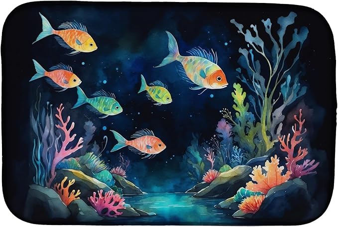 Caroline's Treasures Bioluminescent Fish Dish Drying Mat Absorbent Dish Drying Mat Pad for Kitchen Counter Dish Drainer Mat for Countertop 14 x 21 Multicolor
