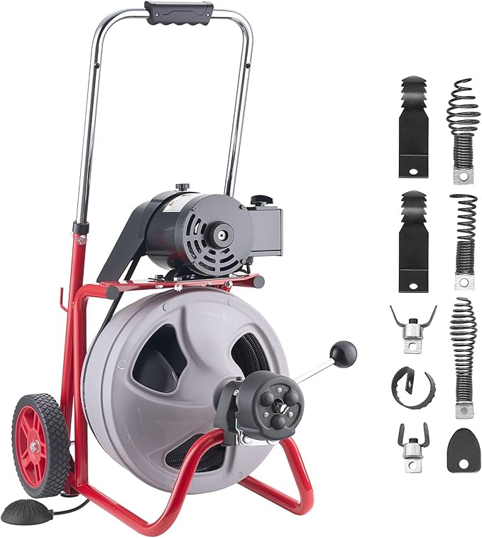VEVOR Drain Cleaner Machine 75 FT x 3/8 Inch Auto Feed Sewer Snake Drain Auger on Wheels Portable Drain Cleaning Machine with 8 Cutters &amp Air-Activated Foot Switch for 2 to 4 Pipes