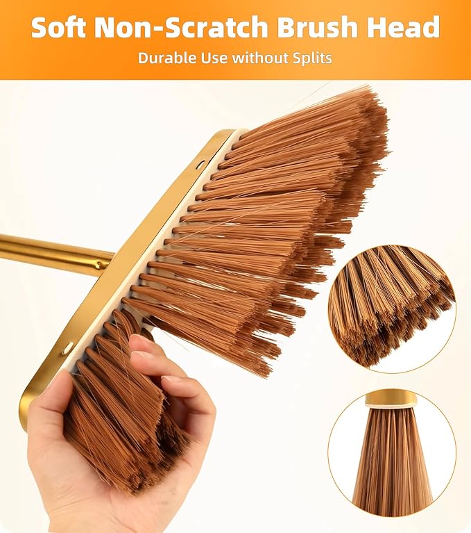 Gold Stainless Steel Broom and Dustpan Set 2-Piece Long Handle Standing Pan with Comb Teeth Heavy Duty Windproof Upright Design for Home Kitchen Indoor Outdoor Use